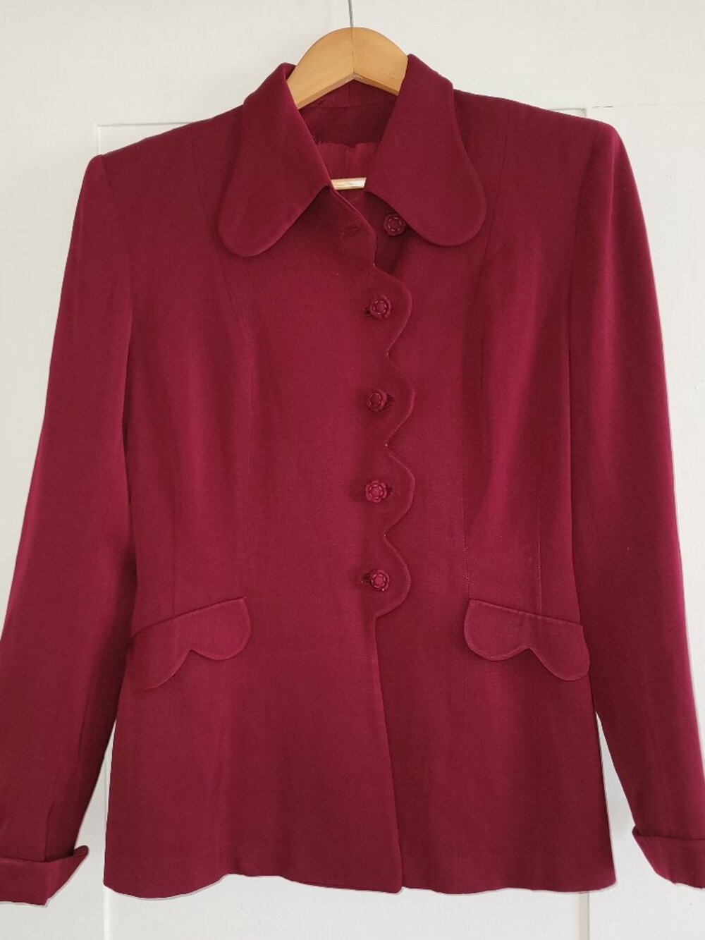 Vintage 1940s DEL-MAR Red Wool Blazer Jacket Scalloped Mid-Century LARGE 12-14